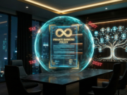 A transparent golden shield protecting a digital family tree made of light fibers, featuring an infinity symbol in the center, 2026 style.