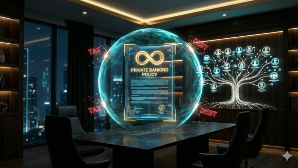 A transparent golden shield protecting a digital family tree made of light fibers, featuring an infinity symbol in the center, 2026 style.