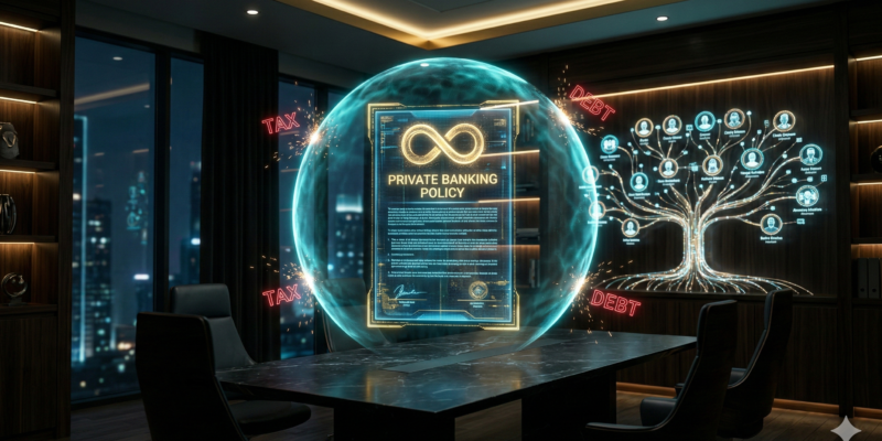 A transparent golden shield protecting a digital family tree made of light fibers, featuring an infinity symbol in the center, 2026 style.