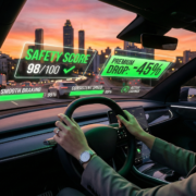 A futuristic head-up display (HUD) on a car windshield in the USA showing real-time insurance premium drops and safety scores in 2026.