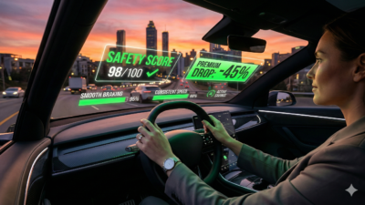 A futuristic head-up display (HUD) on a car windshield in the USA showing real-time insurance premium drops and safety scores in 2026.