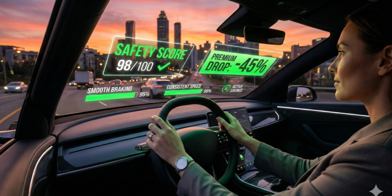 A futuristic head-up display (HUD) on a car windshield in the USA showing real-time insurance premium drops and safety scores in 2026.